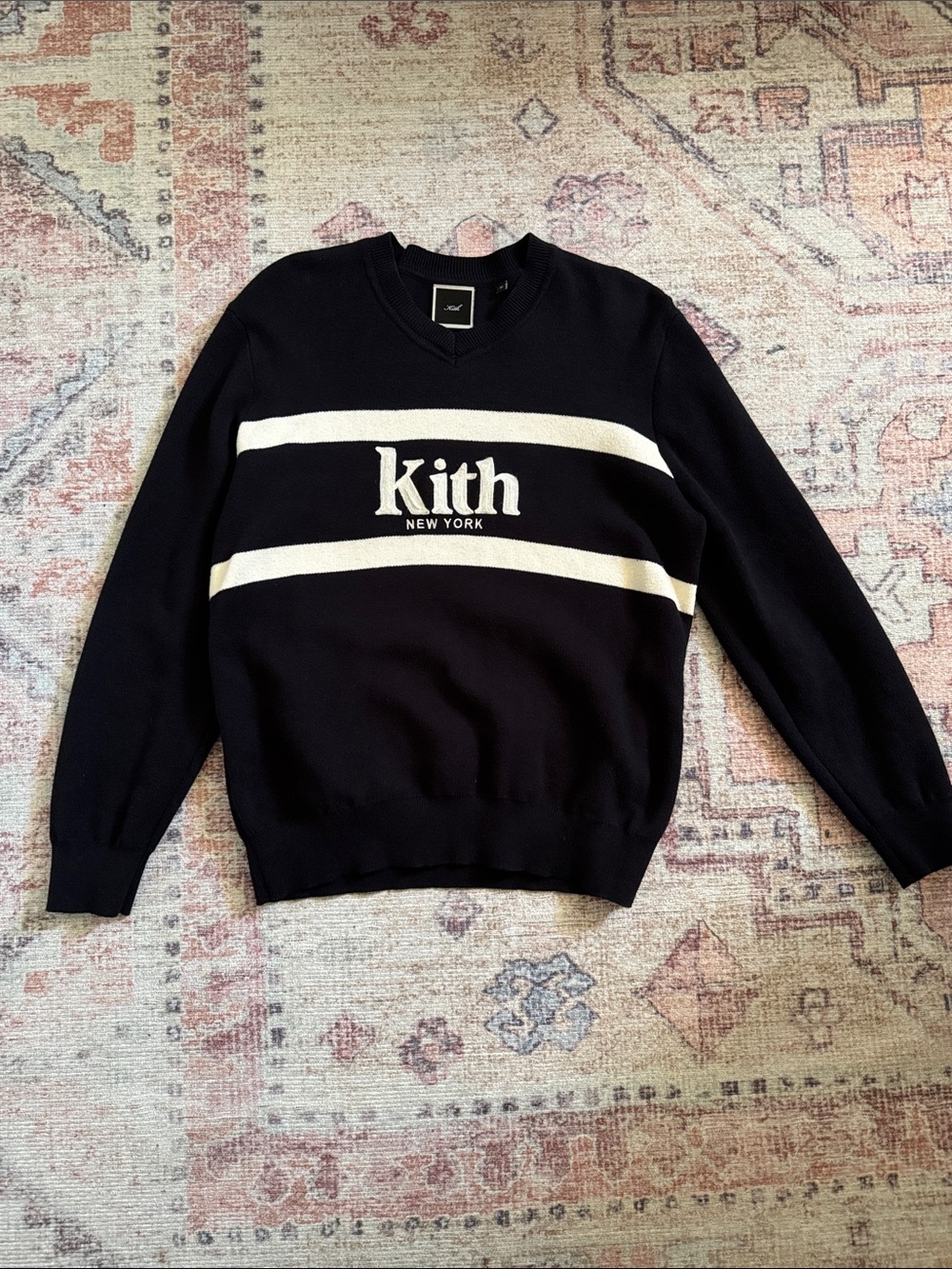 Kith Black Crewneck Sweater with Cream Logo Stripes XS